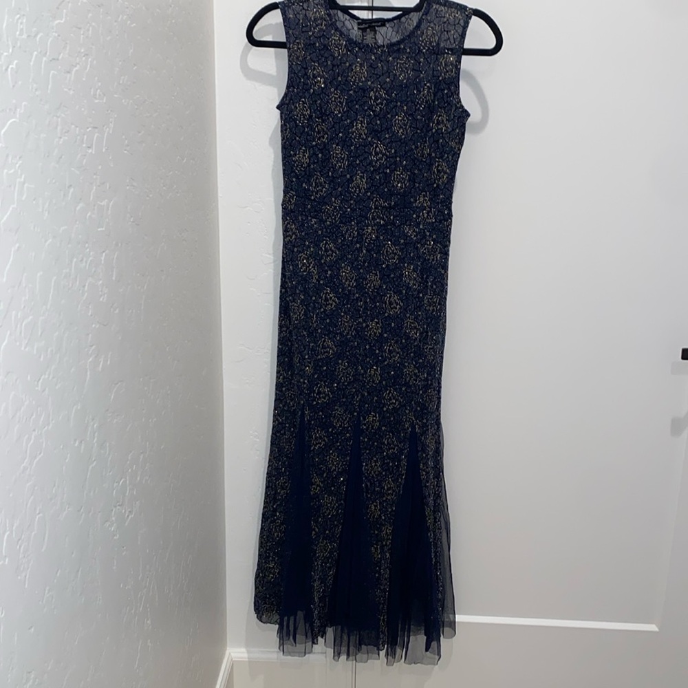 Candalite Dress Women S/P Navy Gold Floral Tulle Midi Sleeveless Evening Gown
